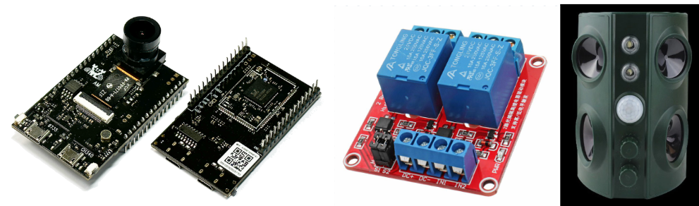 AMB82 camera boards, relay module, and animal repeller hardware