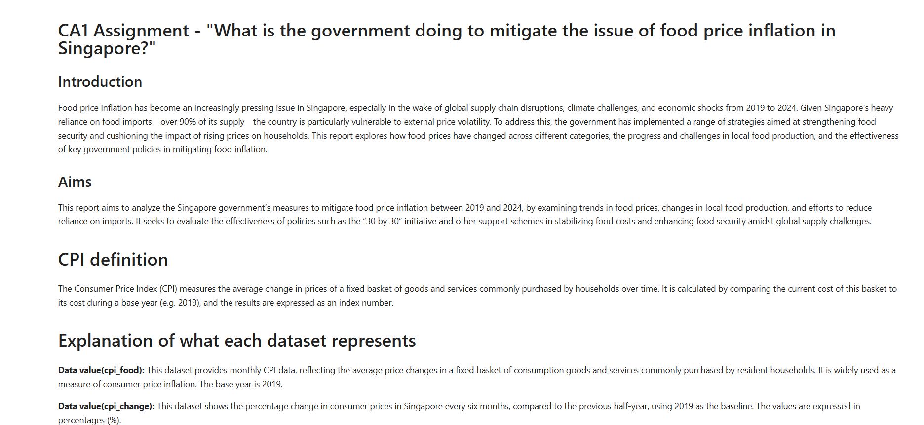 Opening section of the Singapore food-price inflation data analysis report