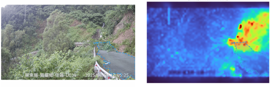 Mountain CCTV image alongside a colour visualisation used during hazard analysis