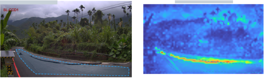 Road region marked on a CCTV image beside a heatmap-style analysis view